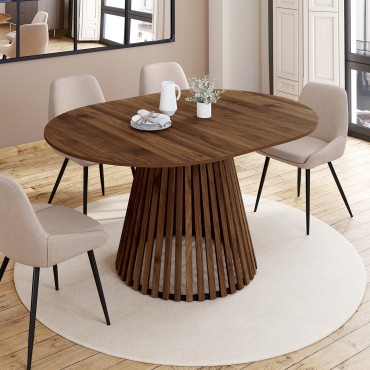 Table repas Camélia plateau rond extensible 110-150cm effet noyer et pieds lattes