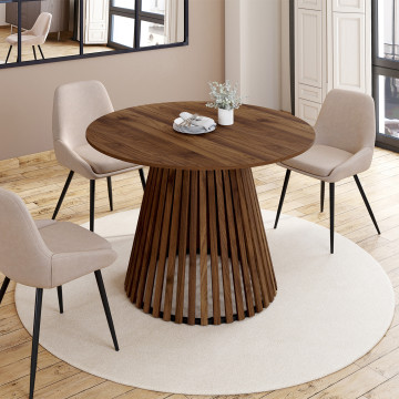 Table repas Camélia plateau rond extensible 110-150cm effet noyer et pieds lattes