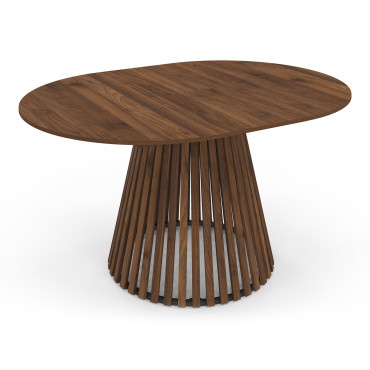 Table repas Camélia plateau rond extensible 110-150cm effet noyer et pieds lattes