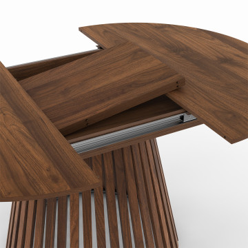 Table repas Camélia plateau rond extensible 110-150cm effet noyer et pieds lattes