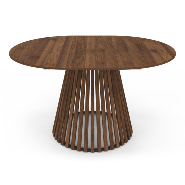 Table repas Camélia plateau rond extensible 110-150cm effet noyer et pieds lattes