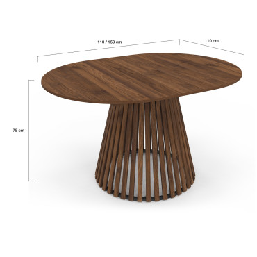 Table repas Camélia plateau rond extensible 110-150cm effet noyer et pieds lattes