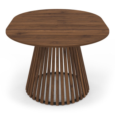 Table repas Camélia plateau rond extensible 110-150cm effet noyer et pieds lattes