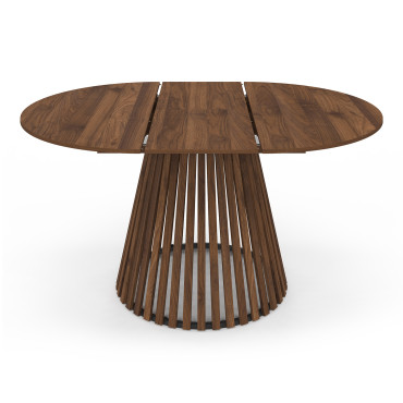 Table repas Camélia plateau rond extensible 110-150cm effet noyer et pieds lattes