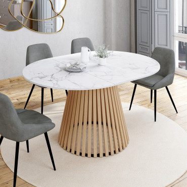 Table repas Camélia plateau rond extensible 110-150cm effet marbre blanc et pieds lattes