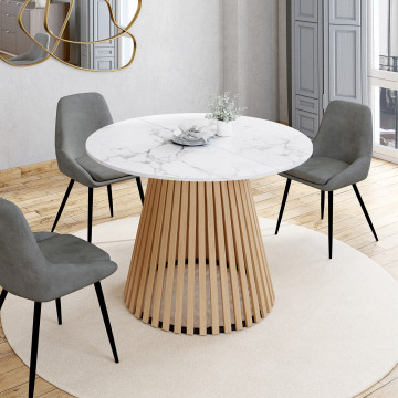 Table repas Camélia plateau rond extensible 110-150cm effet marbre blanc et pieds lattes