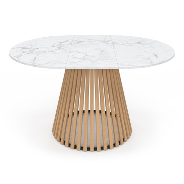 Table repas Camélia plateau rond extensible 110-150cm effet marbre blanc et pieds lattes