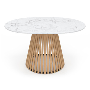 Table repas Camélia plateau rond extensible 110-150cm effet marbre blanc et pieds lattes