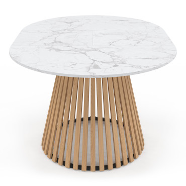 Table repas Camélia plateau rond extensible 110-150cm effet marbre blanc et pieds lattes