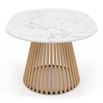 Table repas Camélia plateau rond extensible 110-150cm effet marbre blanc et pieds lattes