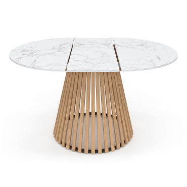 Table repas Camélia plateau rond extensible 110-150cm effet marbre blanc et pieds lattes