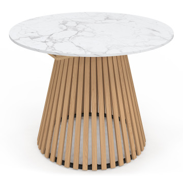 Table repas Camélia plateau rond extensible 110-150cm effet marbre blanc et pieds lattes