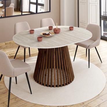 Table repas Camélia plateau rond extensible 110-150cm effet travertin et pieds lattes