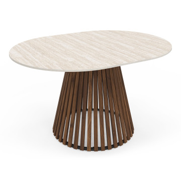 Table repas Camélia plateau rond extensible 110-150cm effet travertin et pieds lattes