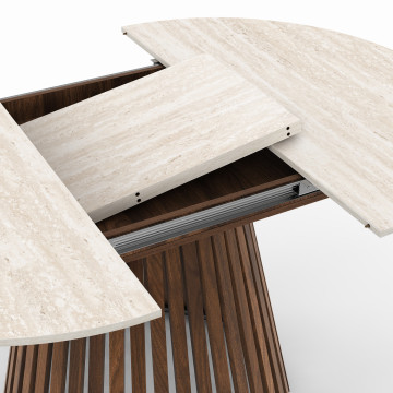 Table repas Camélia plateau rond extensible 110-150cm effet travertin et pieds lattes