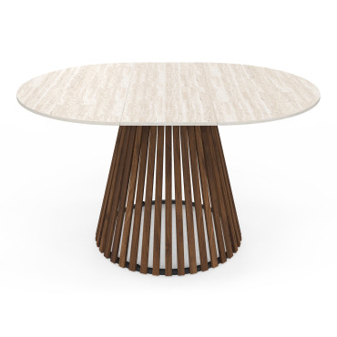 Table repas Camélia plateau rond extensible 110-150cm effet travertin et pieds lattes