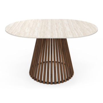 Table repas Camélia plateau rond extensible 110-150cm effet travertin et pieds lattes