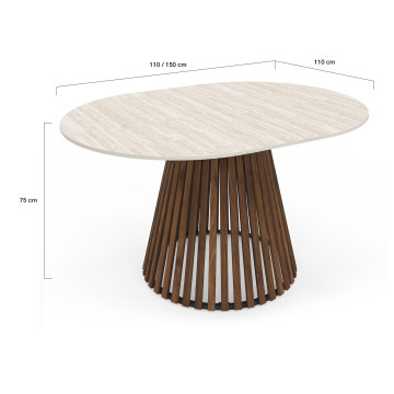 Table repas Camélia plateau rond extensible 110-150cm effet travertin et pieds lattes