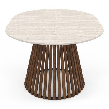 Table repas Camélia plateau rond extensible 110-150cm effet travertin et pieds lattes