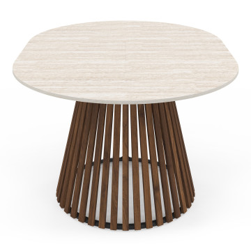 Table repas Camélia plateau rond extensible 110-150cm effet travertin et pieds lattes