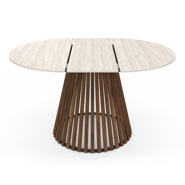 Table repas Camélia plateau rond extensible 110-150cm effet travertin et pieds lattes
