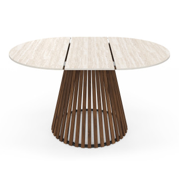 Table repas Camélia plateau rond extensible 110-150cm effet travertin et pieds lattes