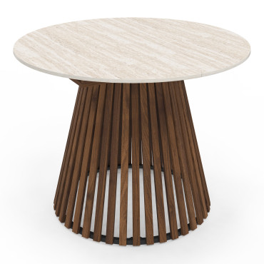 Table repas Camélia plateau rond extensible 110-150cm effet travertin et pieds lattes