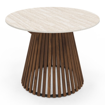 Table repas Camélia plateau rond extensible 110-150cm effet travertin et pieds lattes
