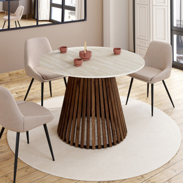 Table repas Camélia plateau rond extensible 110-150cm effet travertin et pieds lattes