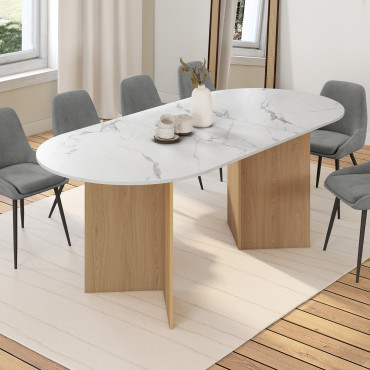 Table repas Gabin plateau extensible 160-200cm effet marbre blanc et pieds design