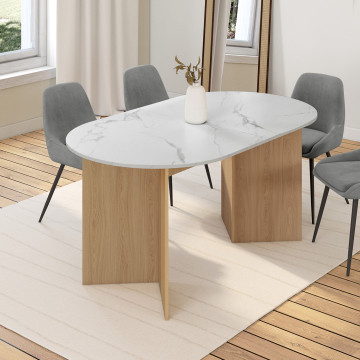 Table repas Gabin plateau extensible 160-200cm effet marbre blanc et pieds design