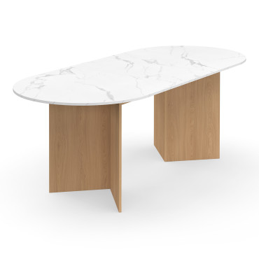 Table repas Gabin plateau extensible 160-200cm effet marbre blanc et pieds design