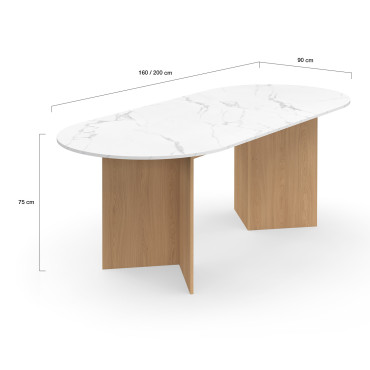 Table repas Gabin plateau extensible 160-200cm effet marbre blanc et pieds design