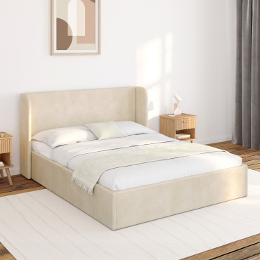 Lit coffre Lucia en velours beige avec sommier et tête de lit 140x190cm