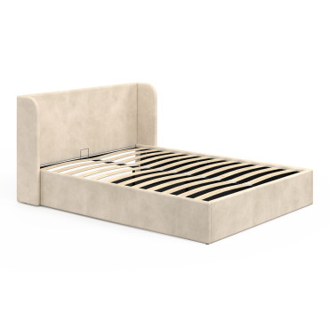 Lit coffre Lucia en velours beige avec sommier et tête de lit 140x190cm