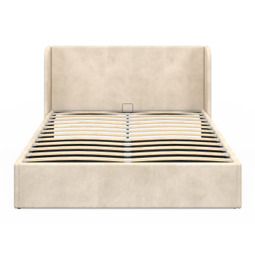 Lit coffre Lucia en velours beige avec sommier et tête de lit 140x190cm