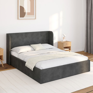 Lit coffre Lucia en velours gris avec sommier et tête de lit 140x190cm