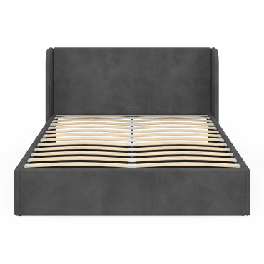 Lit coffre Lucia en velours gris avec sommier et tête de lit 140x190cm