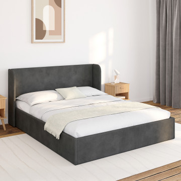 Lit coffre Lucia en velours gris avec sommier et tête de lit 160x200cm