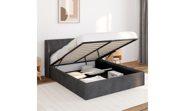 Lit coffre Lucia en velours gris avec sommier et tête de lit 140x190cm