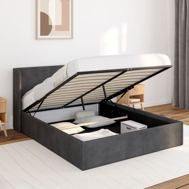 Lit coffre Lucia en velours gris avec sommier et tête de lit 140x190cm