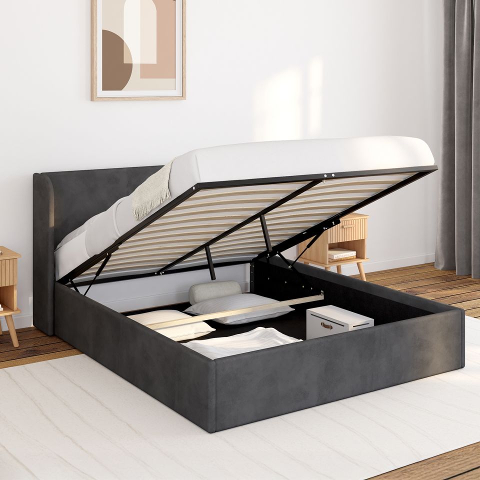 Lit coffre Lucia en velours gris avec sommier et tête de lit 140x190cm