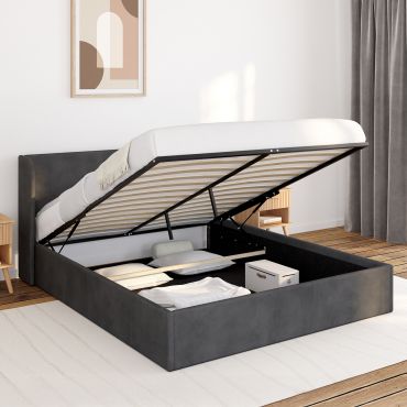 Lit coffre Lucia en velours gris avec sommier et tête de lit 160x200cm