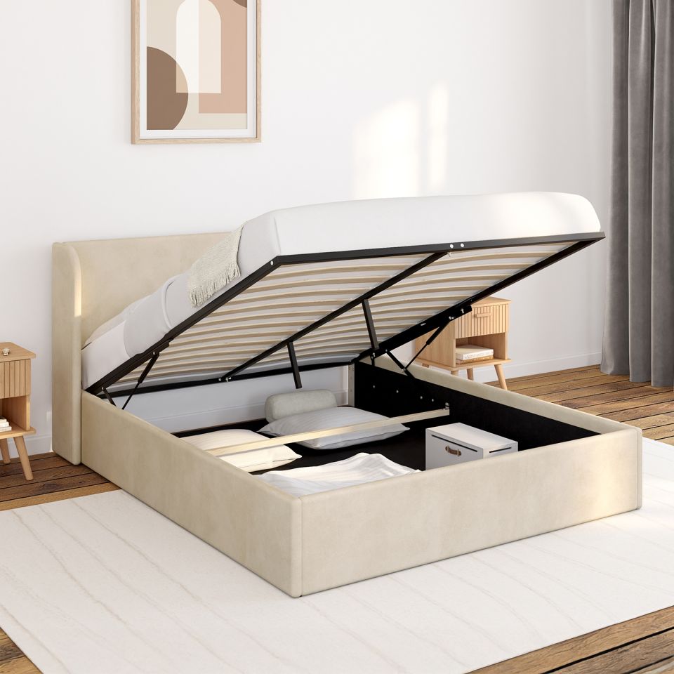 Lit coffre Lucia en velours beige avec sommier et tête de lit 140x190cm