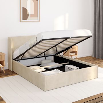 Lit coffre Lucia en velours beige avec sommier et tête de lit 140x190cm