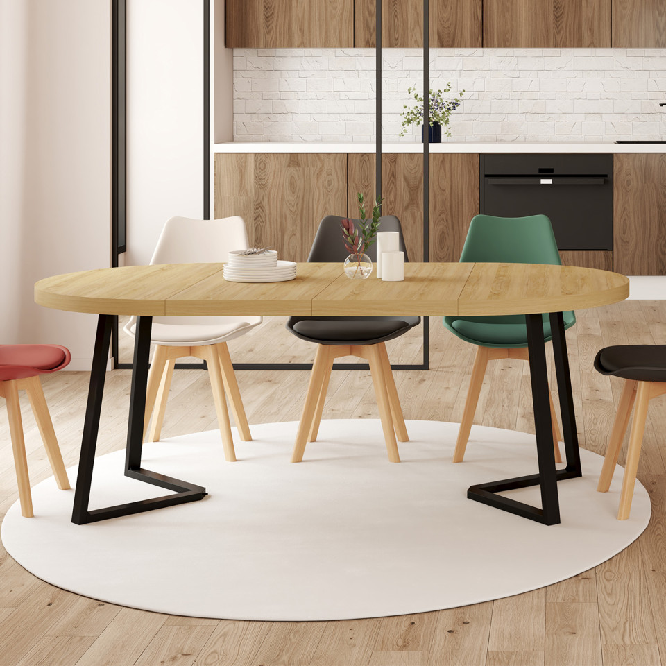 Table à manger ronde extensible Sana bois et noir Ø110-200cm