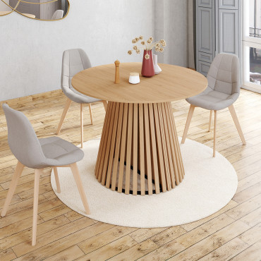 Table à manger ronde extensible Camélia bois et pied lattes Ø110-200cm