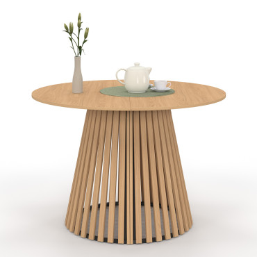 Table à manger ronde extensible Camélia bois et pied lattes Ø110-200cm