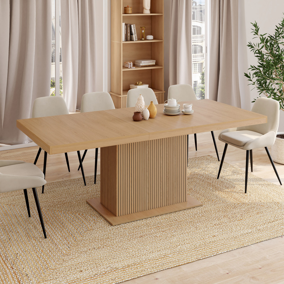 Table à manger extensible Faustine bois et pied lattes avec rangement intégré 160-200cm