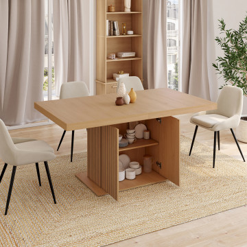 Table à manger extensible Faustine bois et pied lattes avec rangement intégré 160-200cm